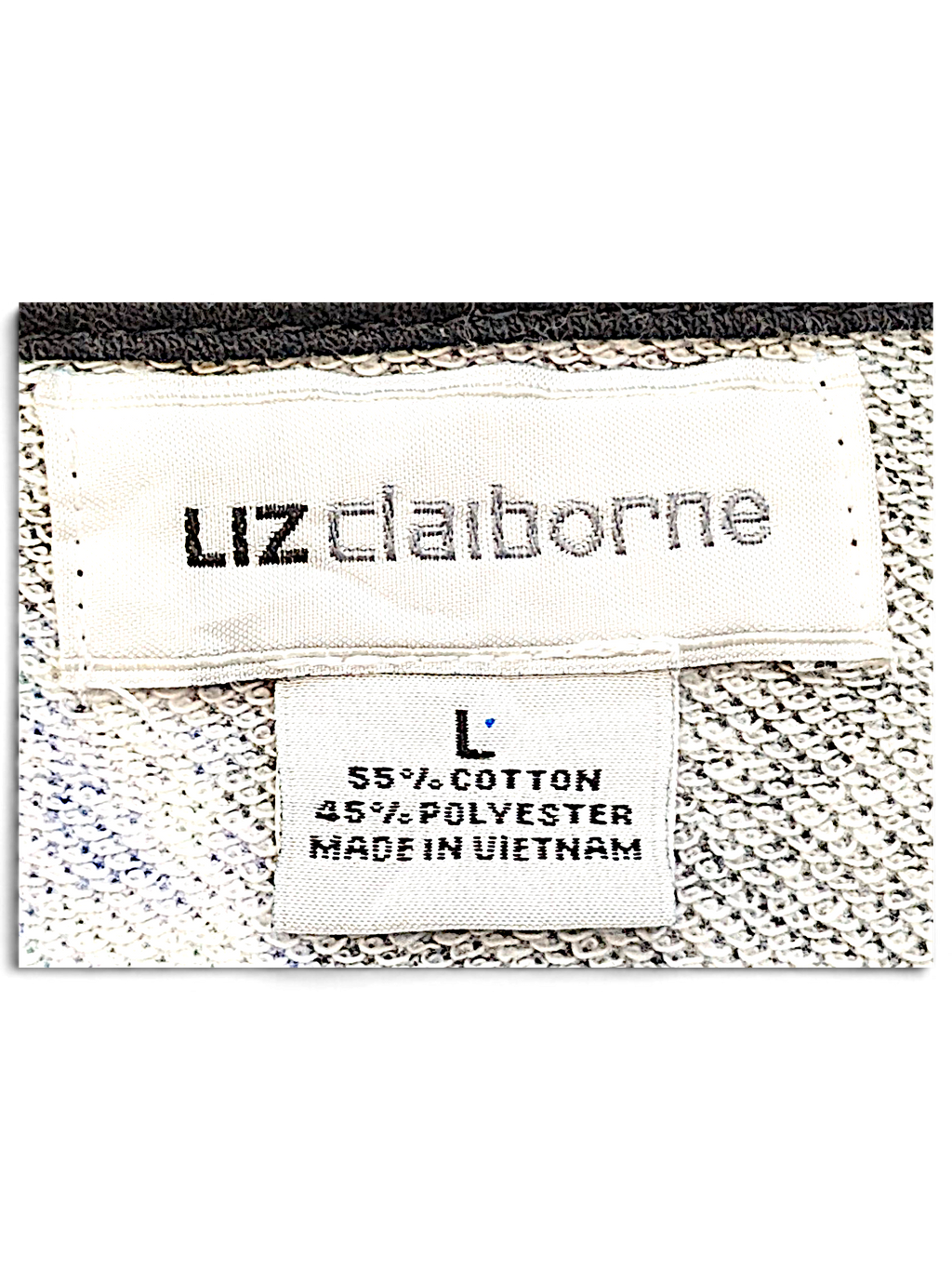 JAKE & IPI LizClaiborne College sweatshirt label showing 55 percent cotton and 45 percent polyester fabric blend