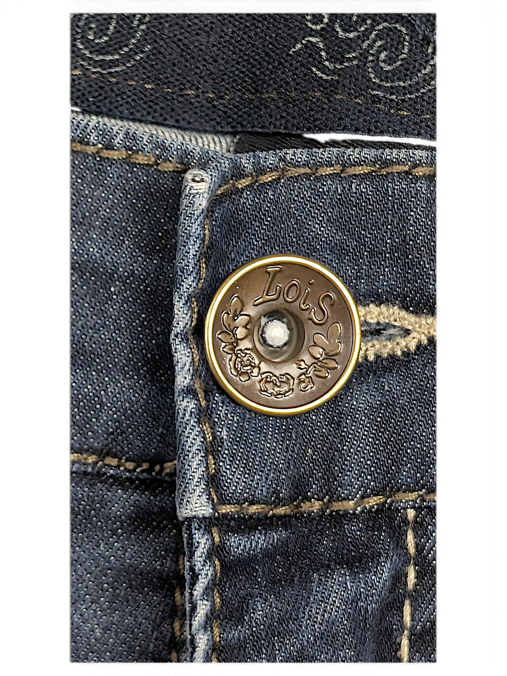 JAKE & IPI Lois Jane dark blue denim jeans featuring a branded brass button with floral detailing