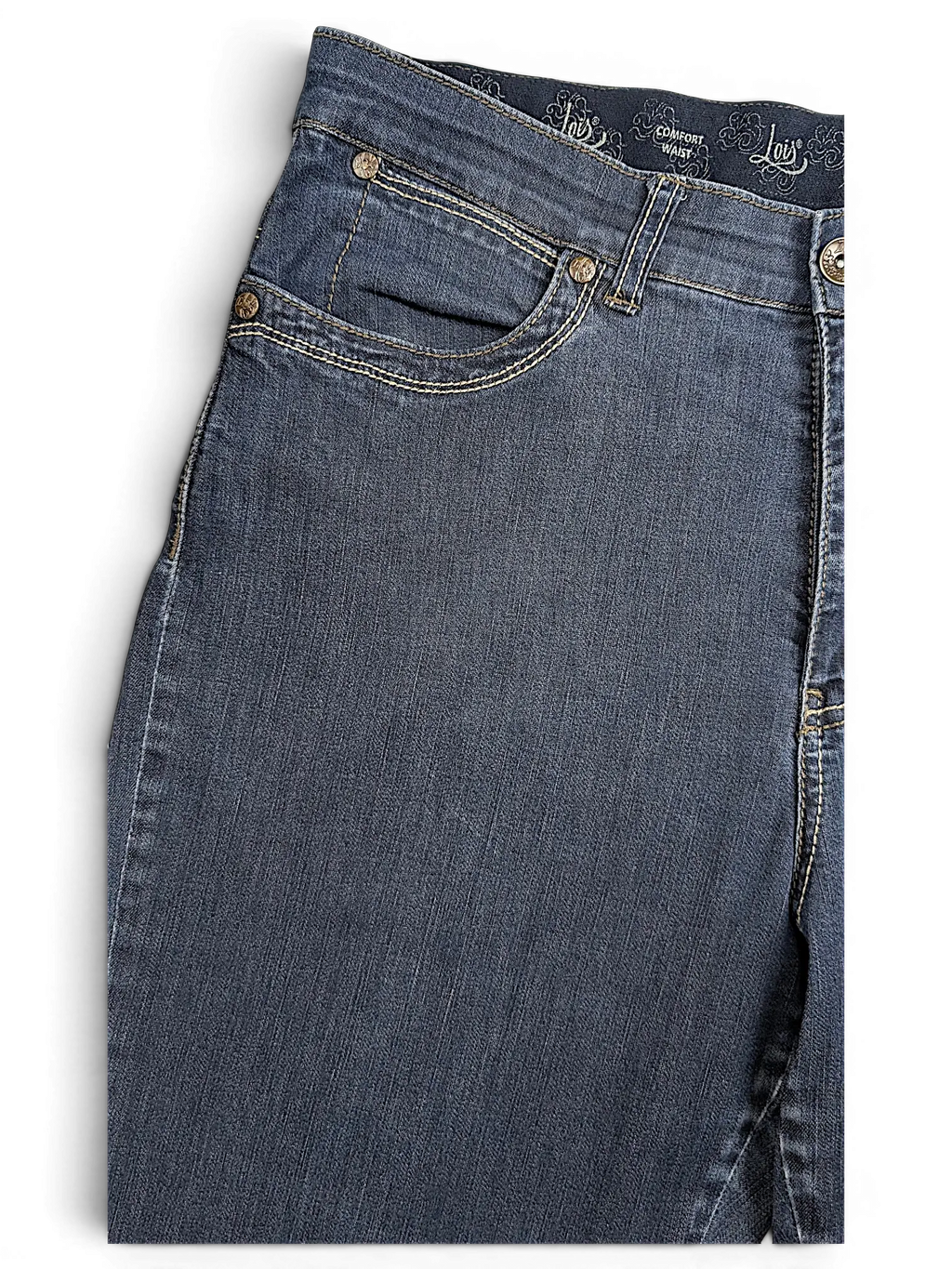 JAKE & IPI Lois Jane comfort waist blue denim jeans with contrast stitching and branded metal hardware