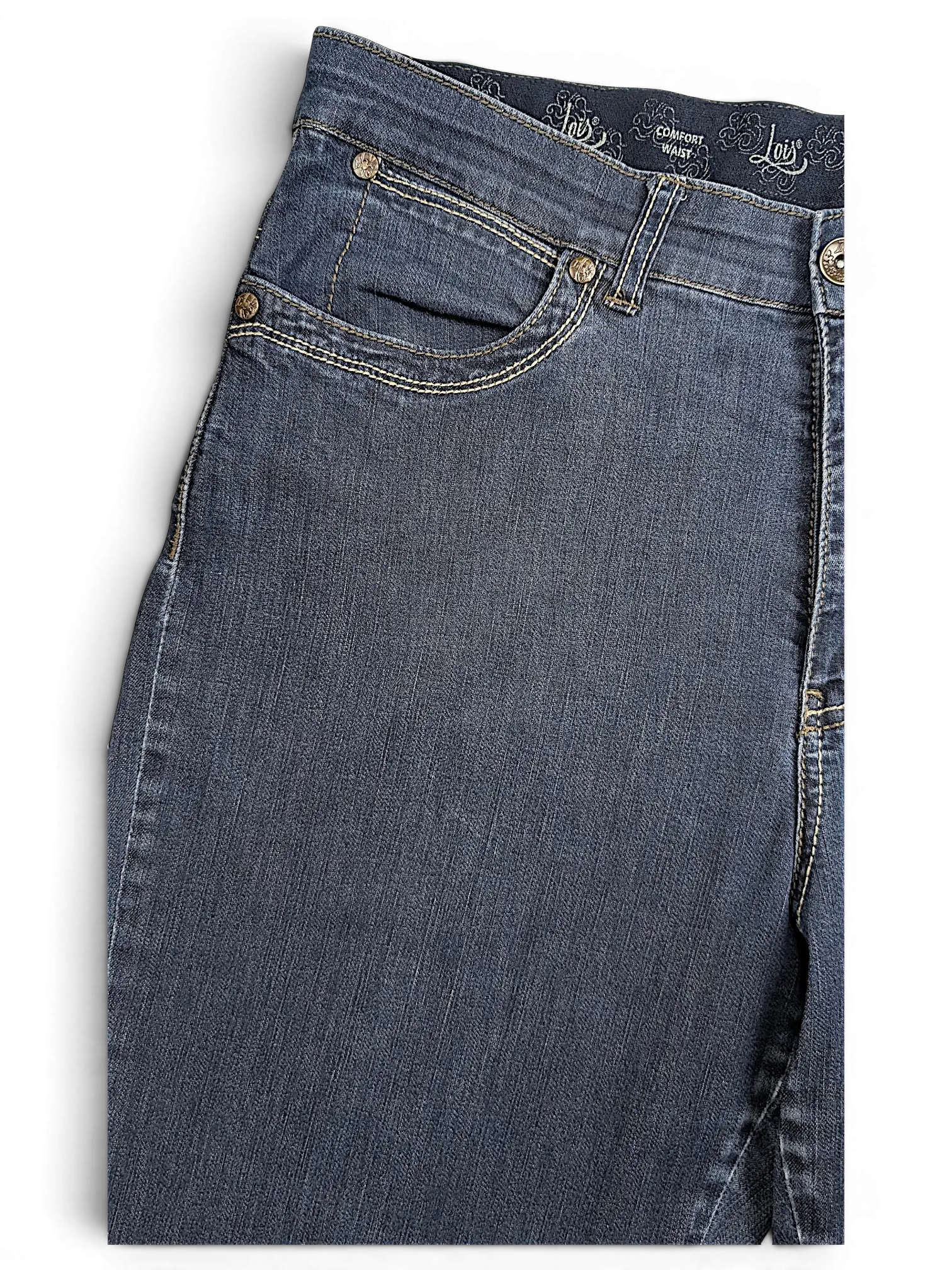 JAKE & IPI Lois Jane comfort waist blue denim jeans with contrast stitching and branded metal hardware