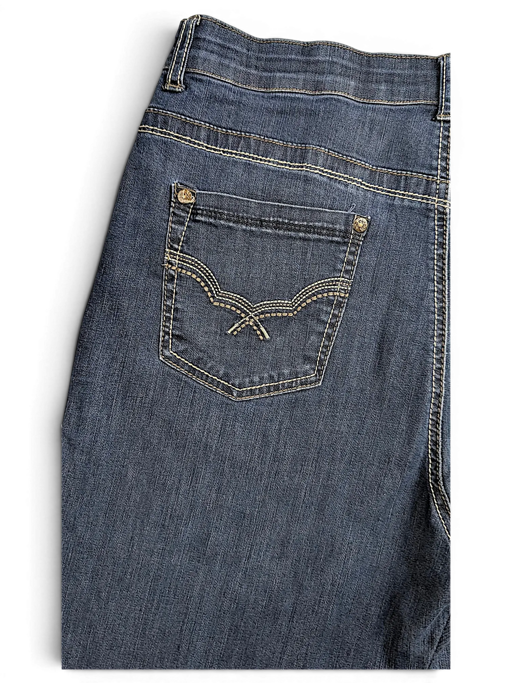 JAKE & IPI Lois Jane dark wash denim jeans featuring a comfort waist and decorative stitching on the back pocket.