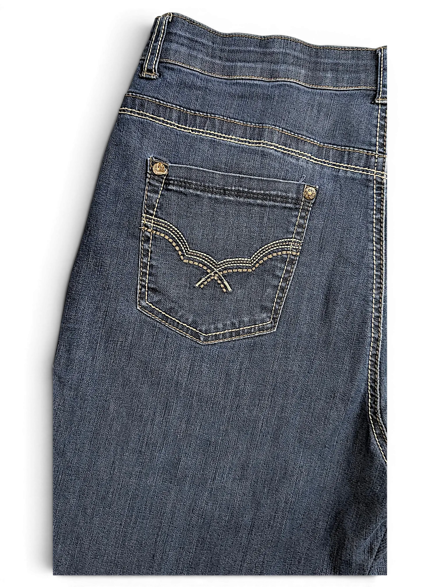 JAKE & IPI Lois Jane dark wash denim jeans featuring a comfort waist and decorative stitching on the back pocket.