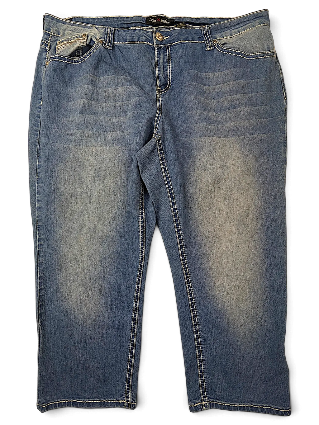 JAKE & IPI Love X Indigo Y2K style blue denim jeans with whiskering and contrast stitching