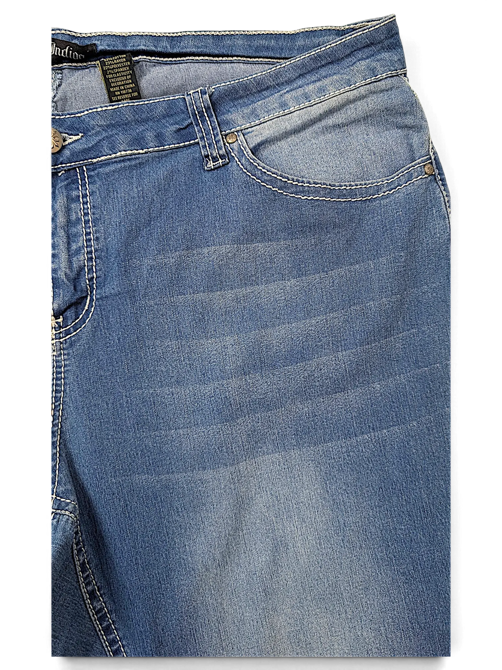 JAKE & IPI Love X Indigo Y2K style blue denim jeans with contrast stitching and faded wash detail