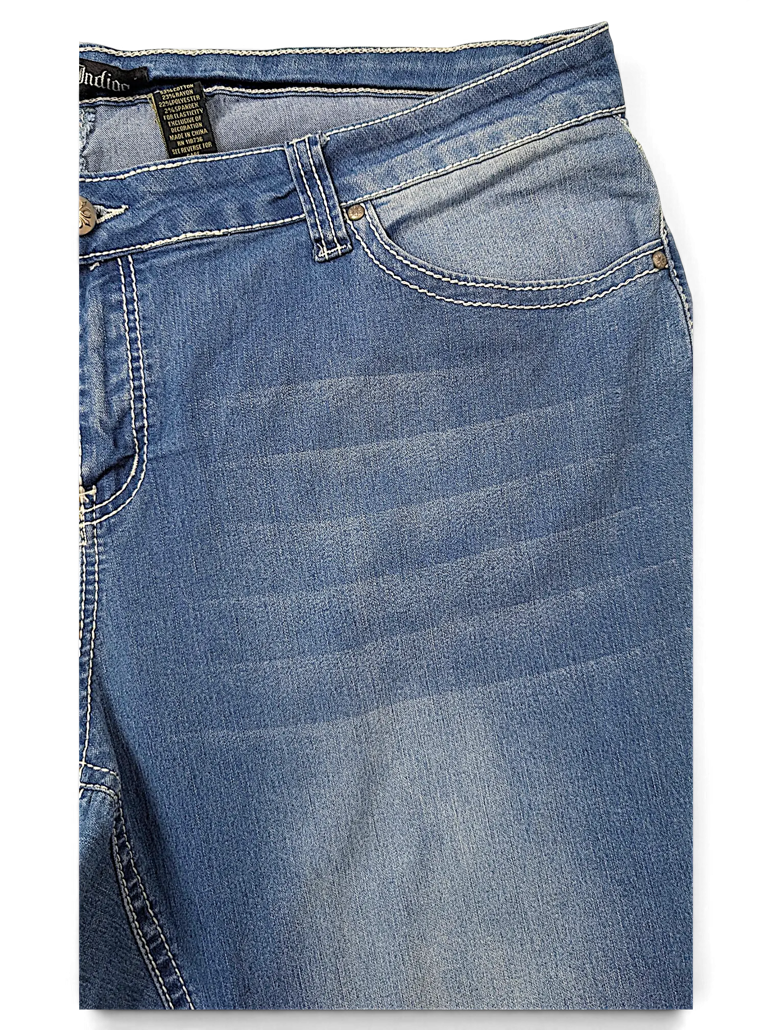 JAKE & IPI Love X Indigo Y2K style blue denim jeans with contrast stitching and faded wash detail
