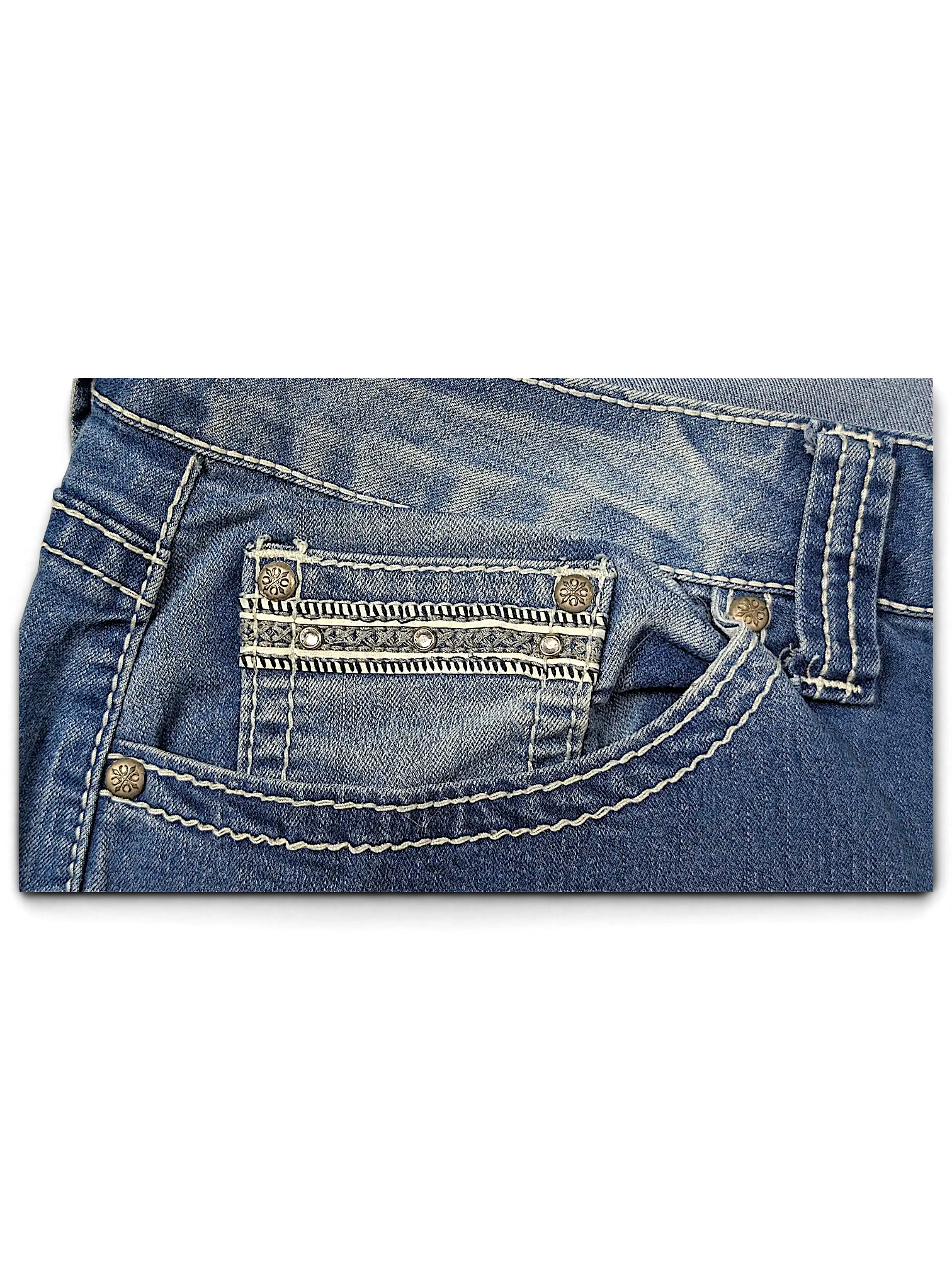 JAKE & IPI Love X Indigo Y2K jeans featuring blue denim, white contrast stitching, and embellished coin pocket detail.
