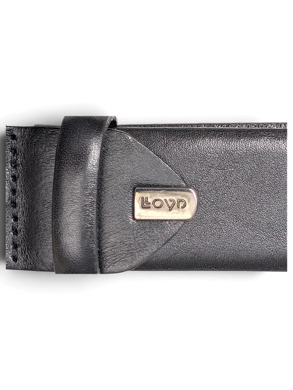 JAKE & IPI LLOYD black leather belt featuring a silver metal logo plaque on the strap loop