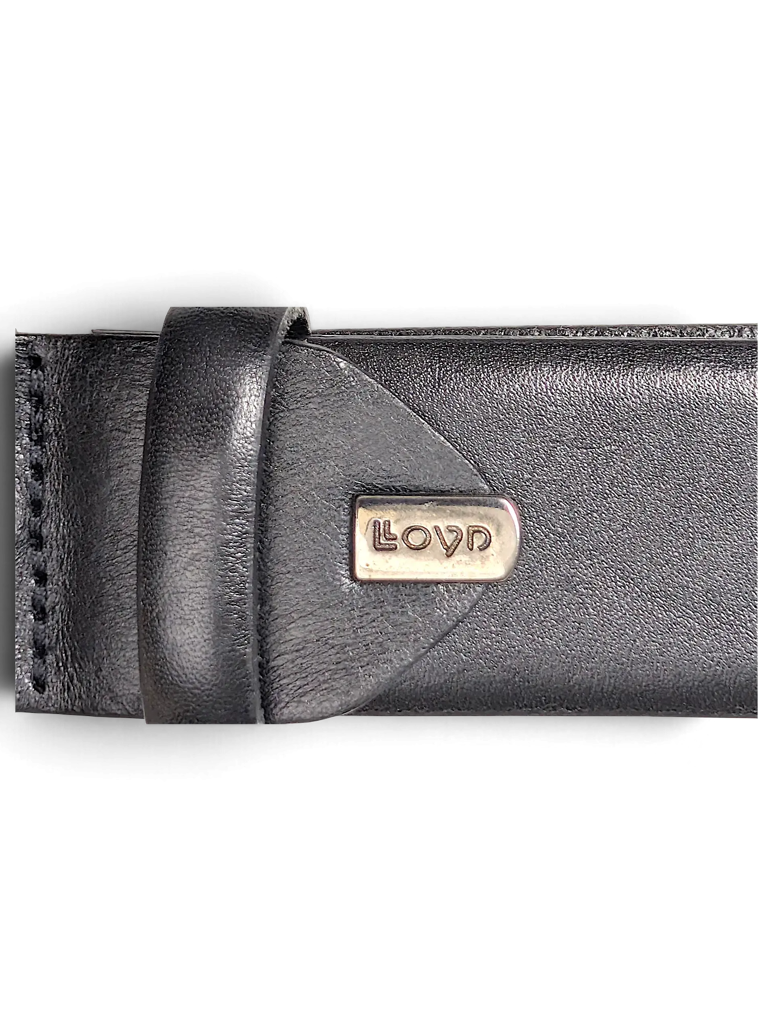 JAKE & IPI LLOYD black leather belt featuring a silver metal logo plaque on the strap loop