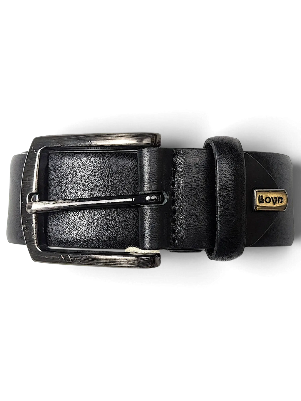 JAKE & IPI LLOYD black leather belt featuring a brushed metal buckle and a small gold-tone brand logo detail.