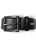 JAKE & IPI LLOYD black leather belt featuring a brushed metal buckle and a small gold-tone brand logo detail.