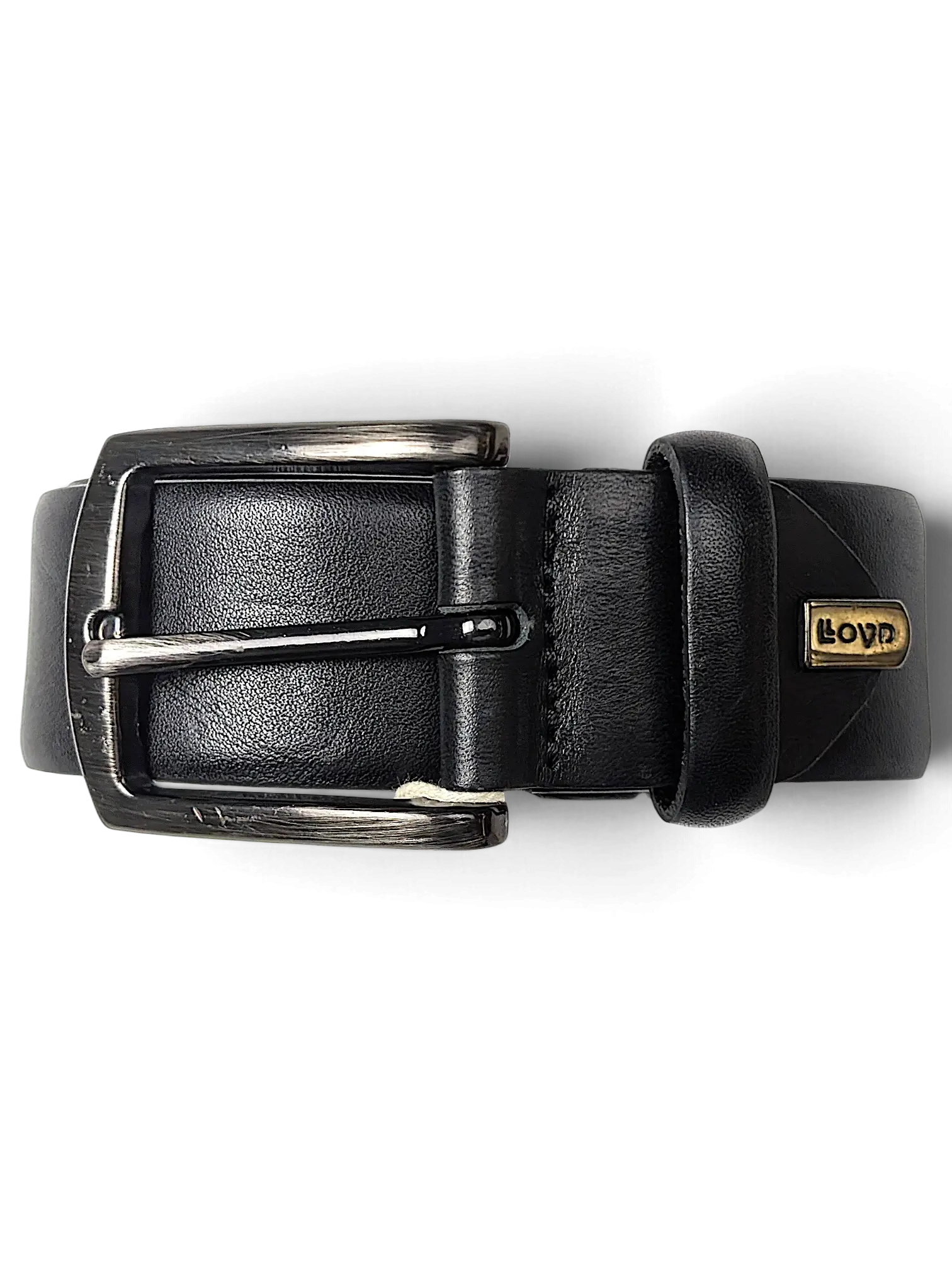 JAKE & IPI LLOYD black leather belt featuring a brushed metal buckle and a small gold-tone brand logo detail.