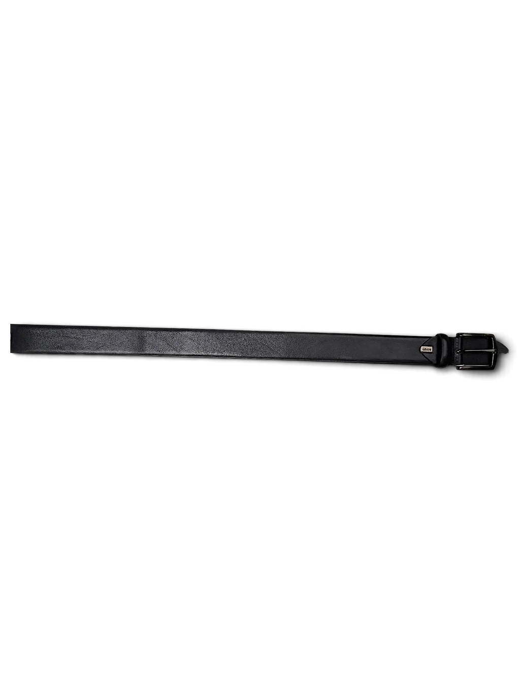 JAKE & IPI LLOYD black leather belt with a silver buckle and brand tag, displayed on a white surface.