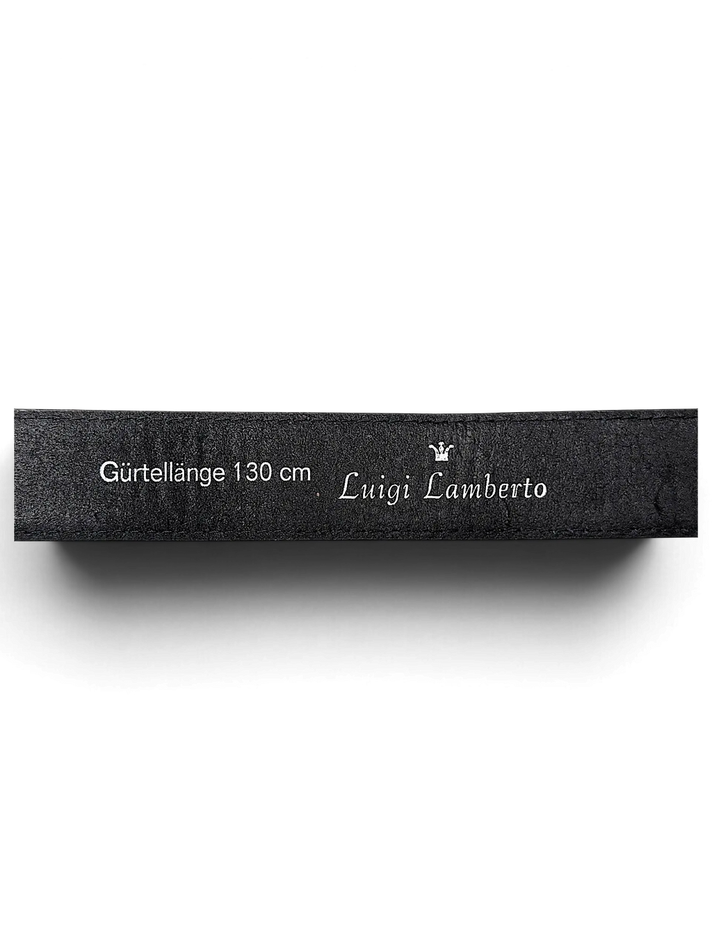 JAKE & IPI Luigi Lamberto black leather belt interior detail showing 130 cm length branding