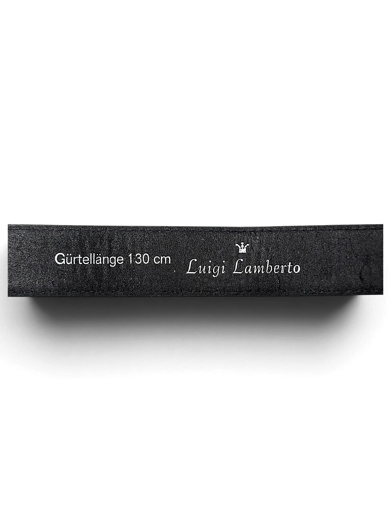 JAKE & IPI Luigi Lamberto black leather belt interior detail showing 130 cm length branding
