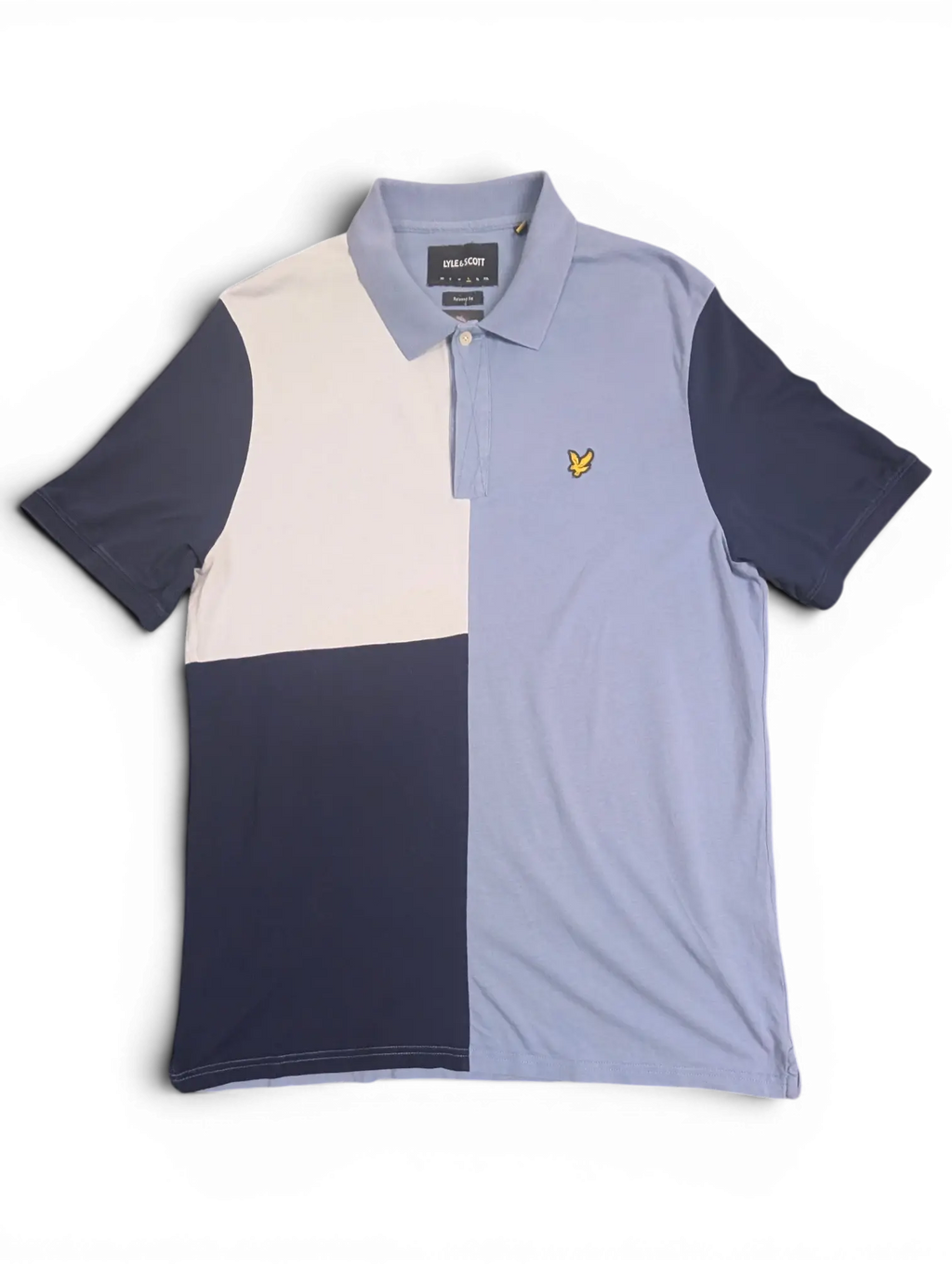 JAKE & IPI Lyle & Scott color block polo shirt in light blue, navy, and cream with an embroidered eagle logo.