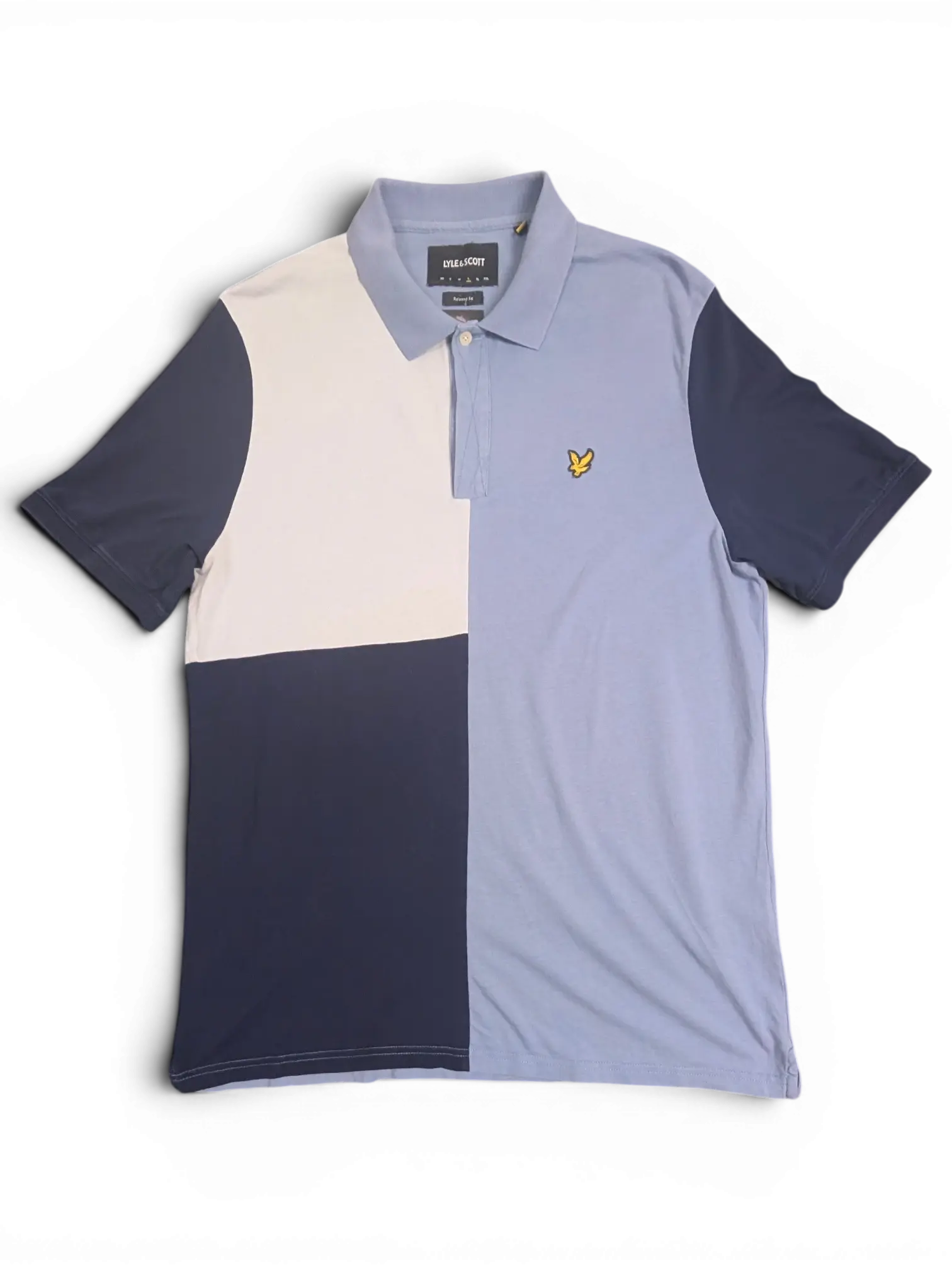 JAKE & IPI Lyle & Scott color block polo shirt in light blue, navy, and cream with an embroidered eagle logo.