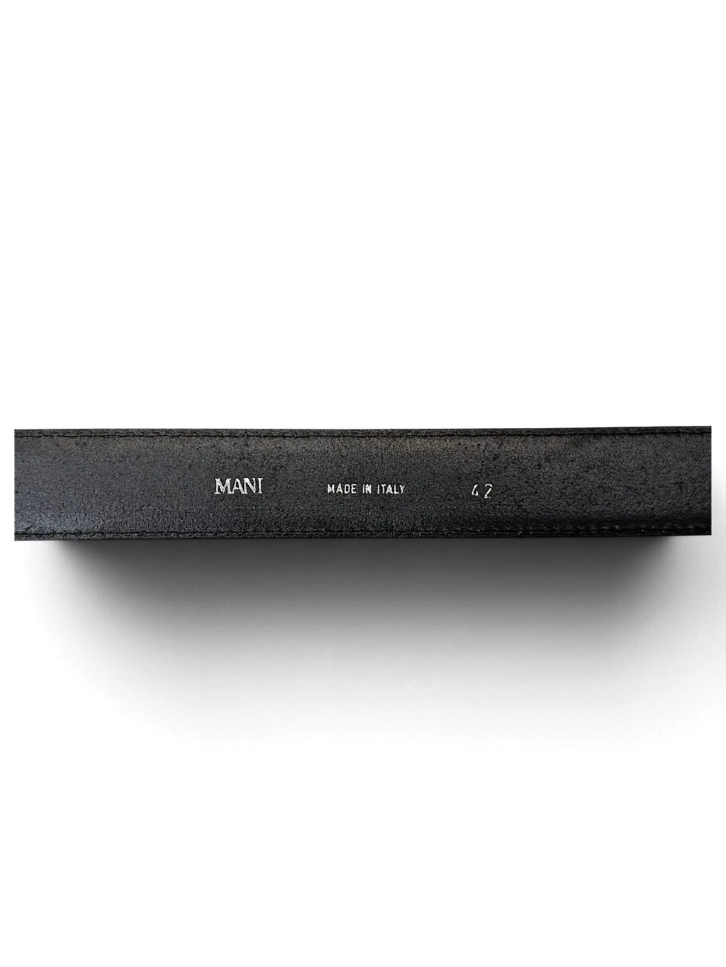 JAKE & IPI Mani black leather belt showing the interior stamp with Made in Italy and size 42 branding.