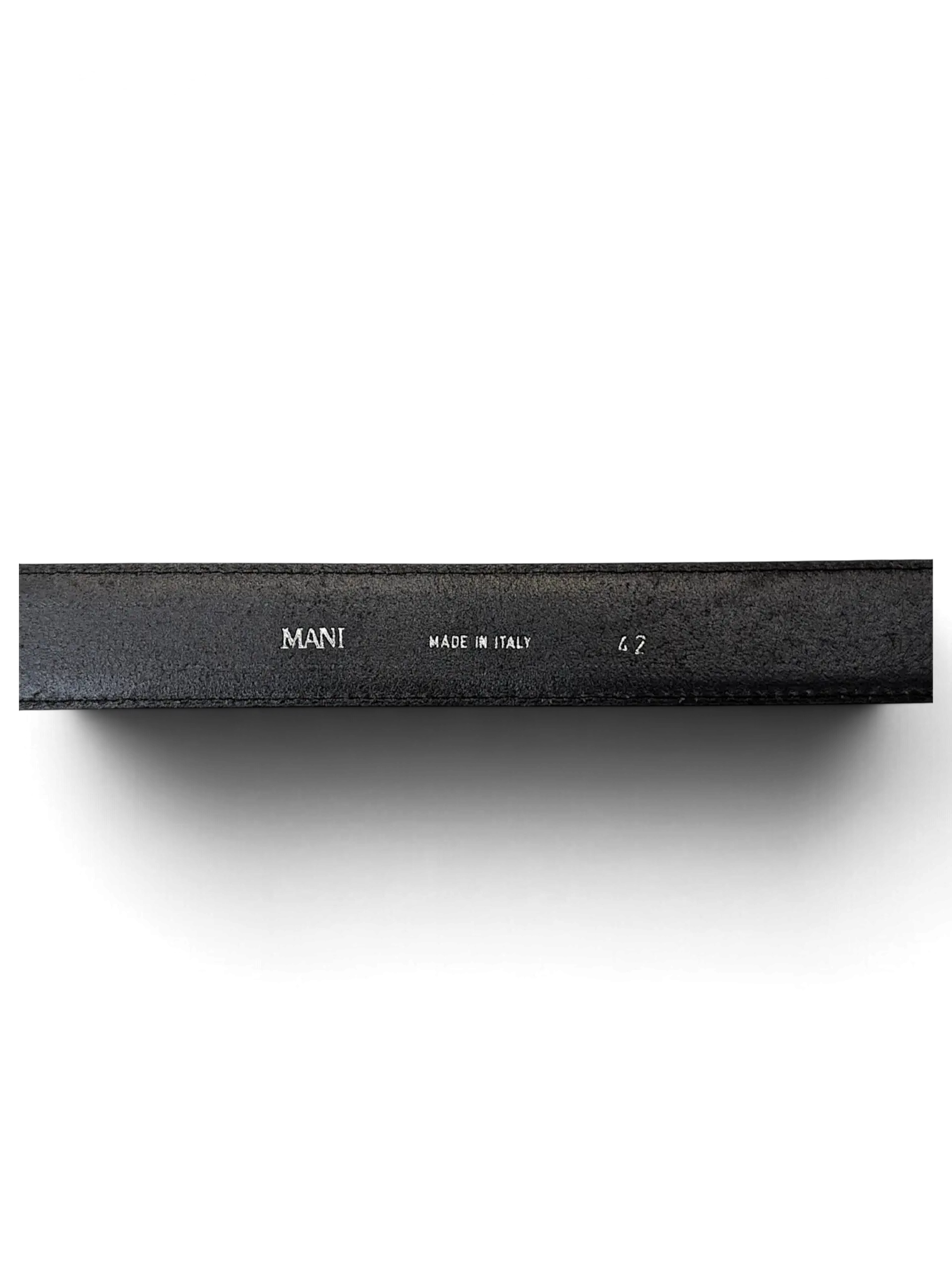 JAKE & IPI Mani black leather belt showing the interior stamp with Made in Italy and size 42 branding.