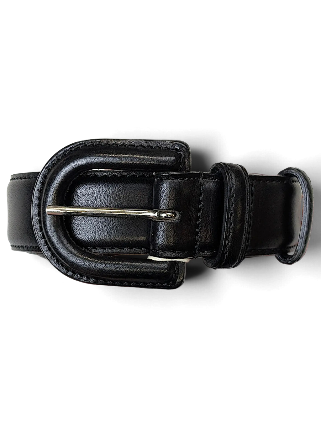 JAKE & IPI Mani black leather belt with a rounded buckle held in a hand against a plain background.