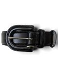 JAKE & IPI Mani black leather belt with a rounded buckle held in a hand against a plain background.