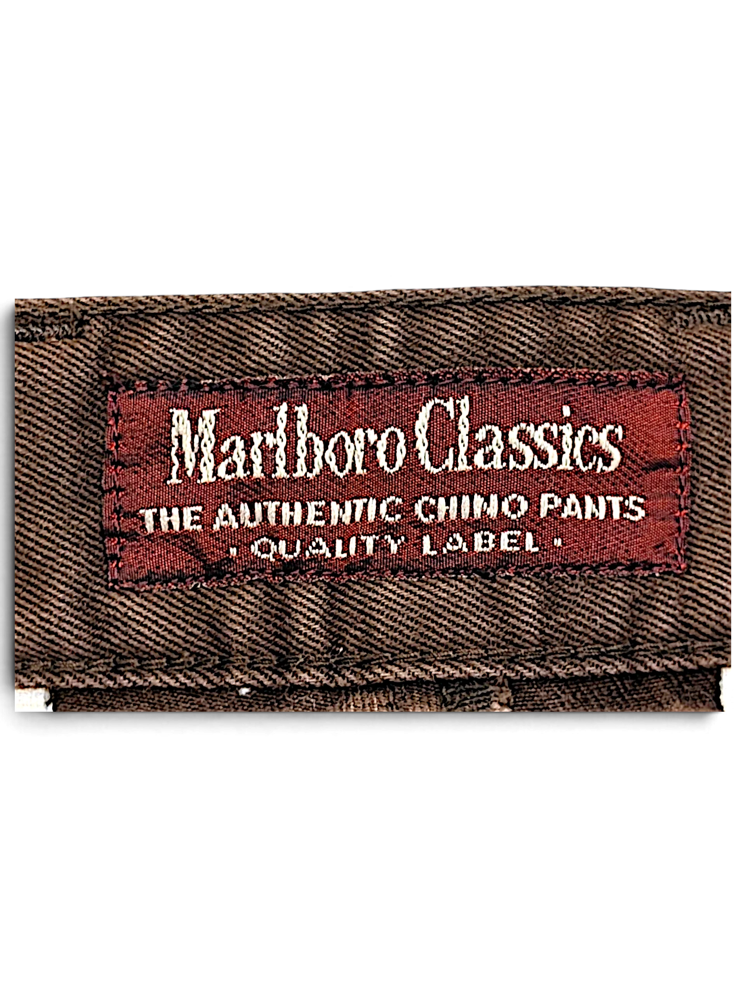 JAKE & IPI Marlboro Classics brown cotton chino pants brand label stitched on fabric