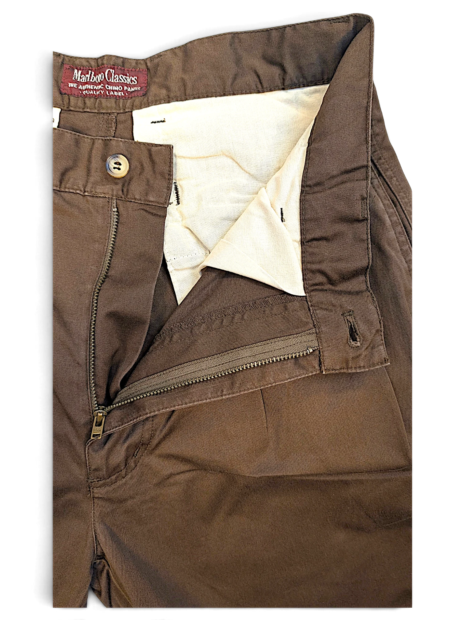 JAKE & IPI pre-owned Marlboro Classics brown cotton chinos with a zip fly and button closure
