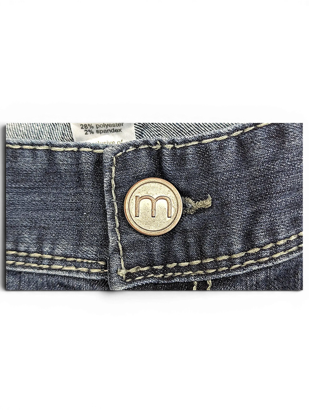 JAKE & IPI Maurices straight leg jeans featuring a copper-toned button with an embossed m logo and contrast stitching