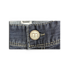 JAKE & IPI Maurices straight leg jeans featuring a copper-toned button with an embossed m logo and contrast stitching