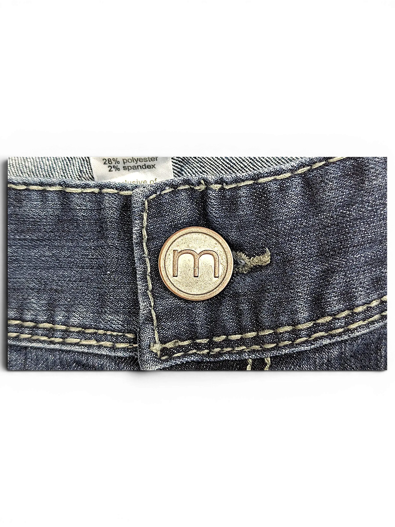 JAKE & IPI Maurices straight leg jeans featuring a copper-toned button with an embossed m logo and contrast stitching