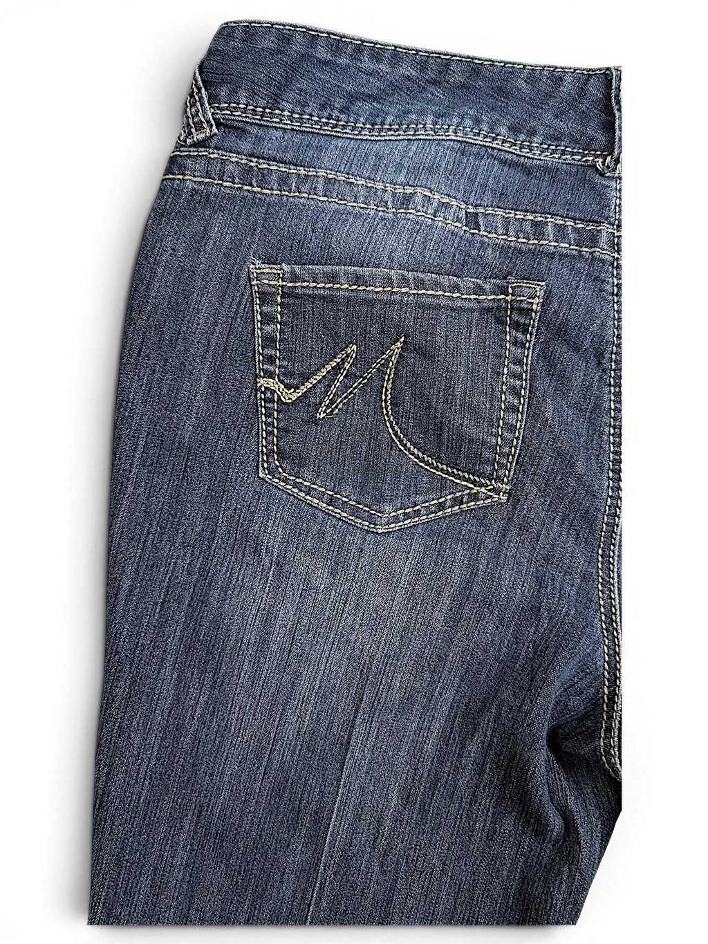 JAKE & IPI Maurices dark wash straight leg jeans featuring contrast stitching and embroidered back pocket detail