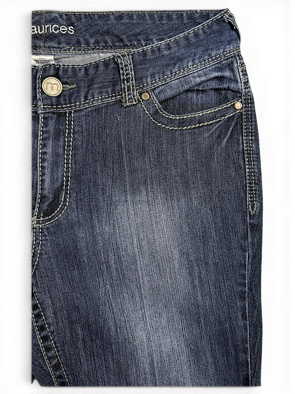JAKE & IPI Maurices dark wash straight leg jeans with contrast stitching and metal button detail.