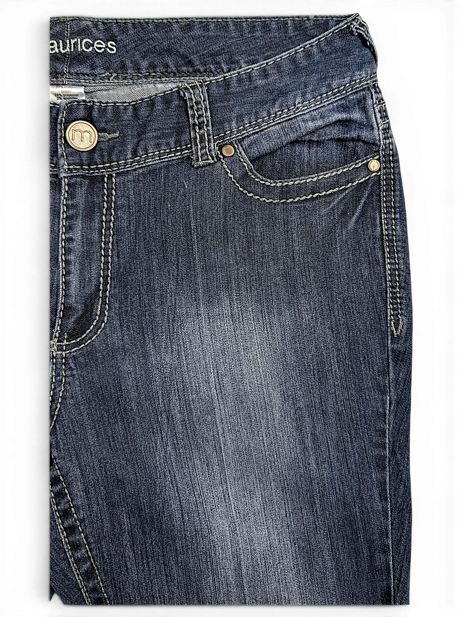 JAKE & IPI Maurices dark wash straight leg jeans with contrast stitching and metal button detail.
