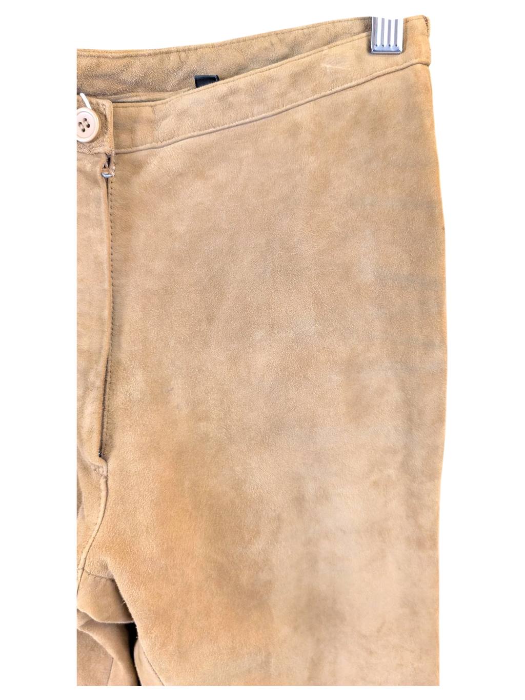 JAKE & IPI Mauritius suede leather pants in a soft tan colour with a button closure and tailored waistband.