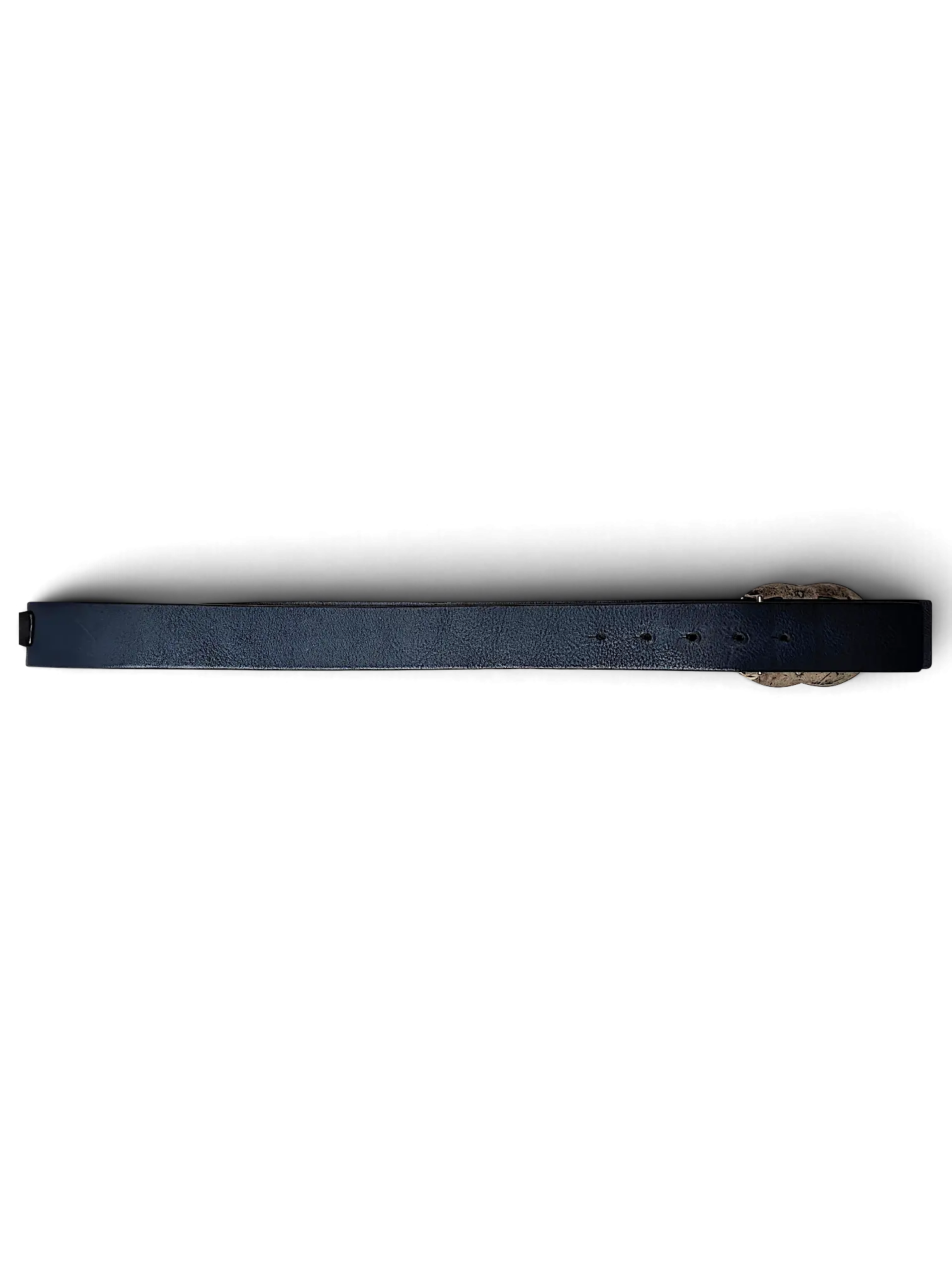 JAKE & IPI Maximilian blue leather belt with a textured silver buckle on a black background.