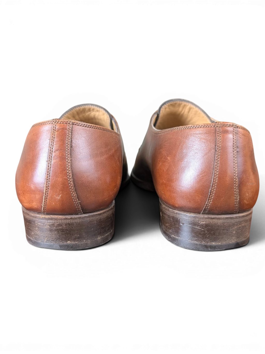 JAKE & IPI Melluso Uomo brown leather monk strap shoes, back view showing heel and leather construction.