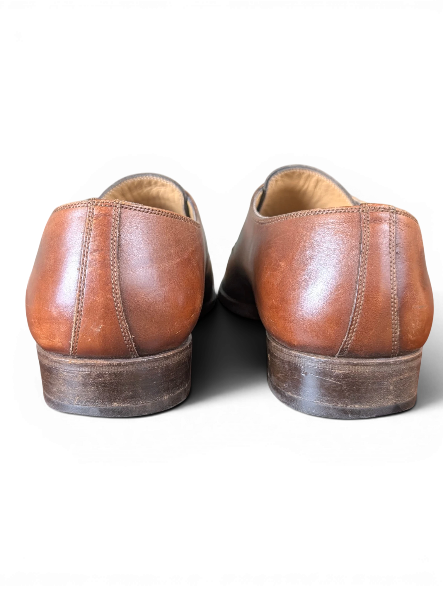 JAKE & IPI Melluso Uomo brown leather monk strap shoes, back view showing heel and leather construction.