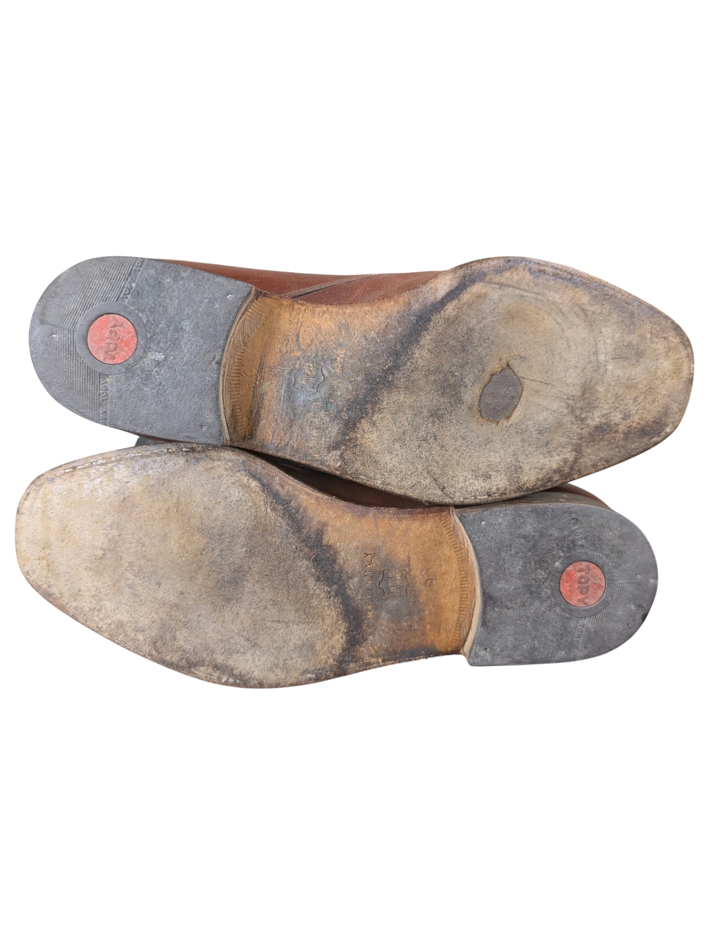 JAKE & IPI pre-loved Melluso Uomo brown leather monk strap shoe soles with visible wear and red Topy heel inserts