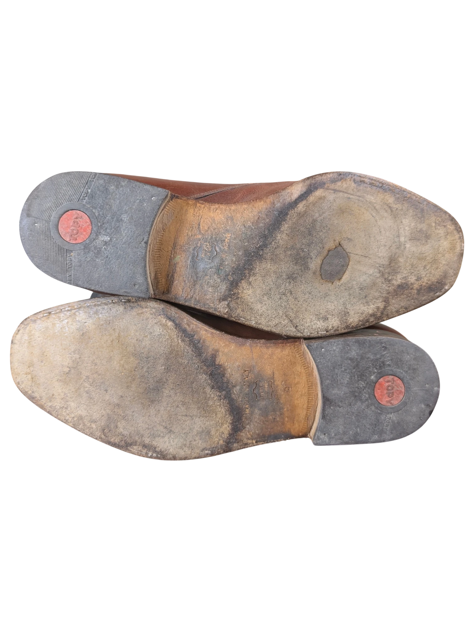 JAKE & IPI pre-loved Melluso Uomo brown leather monk strap shoe soles with visible wear and red Topy heel inserts