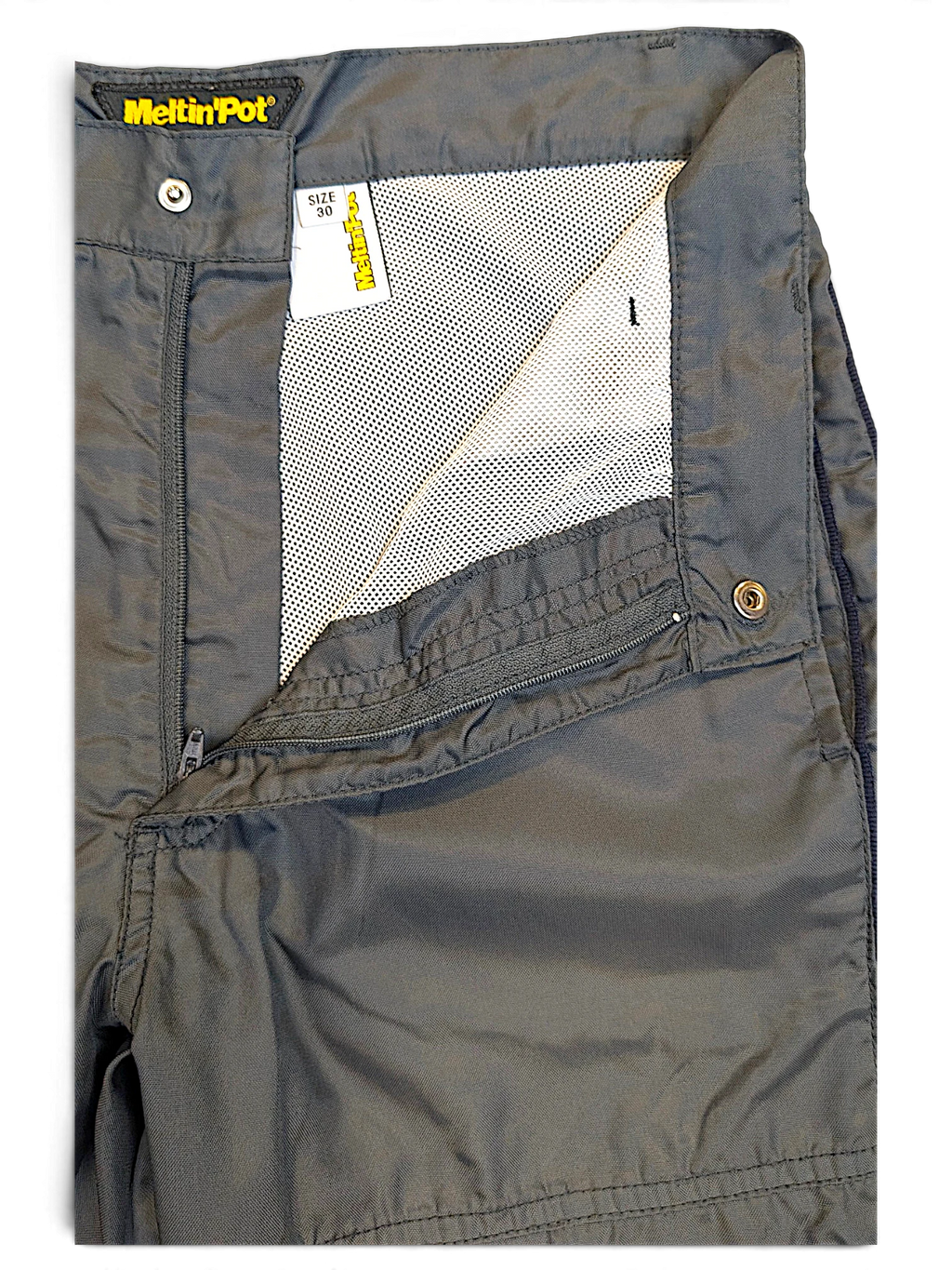 JAKE & IPI Meltin'Pot dark khaki windbreaker pants with mesh lining, zip fly, and snap button closure.