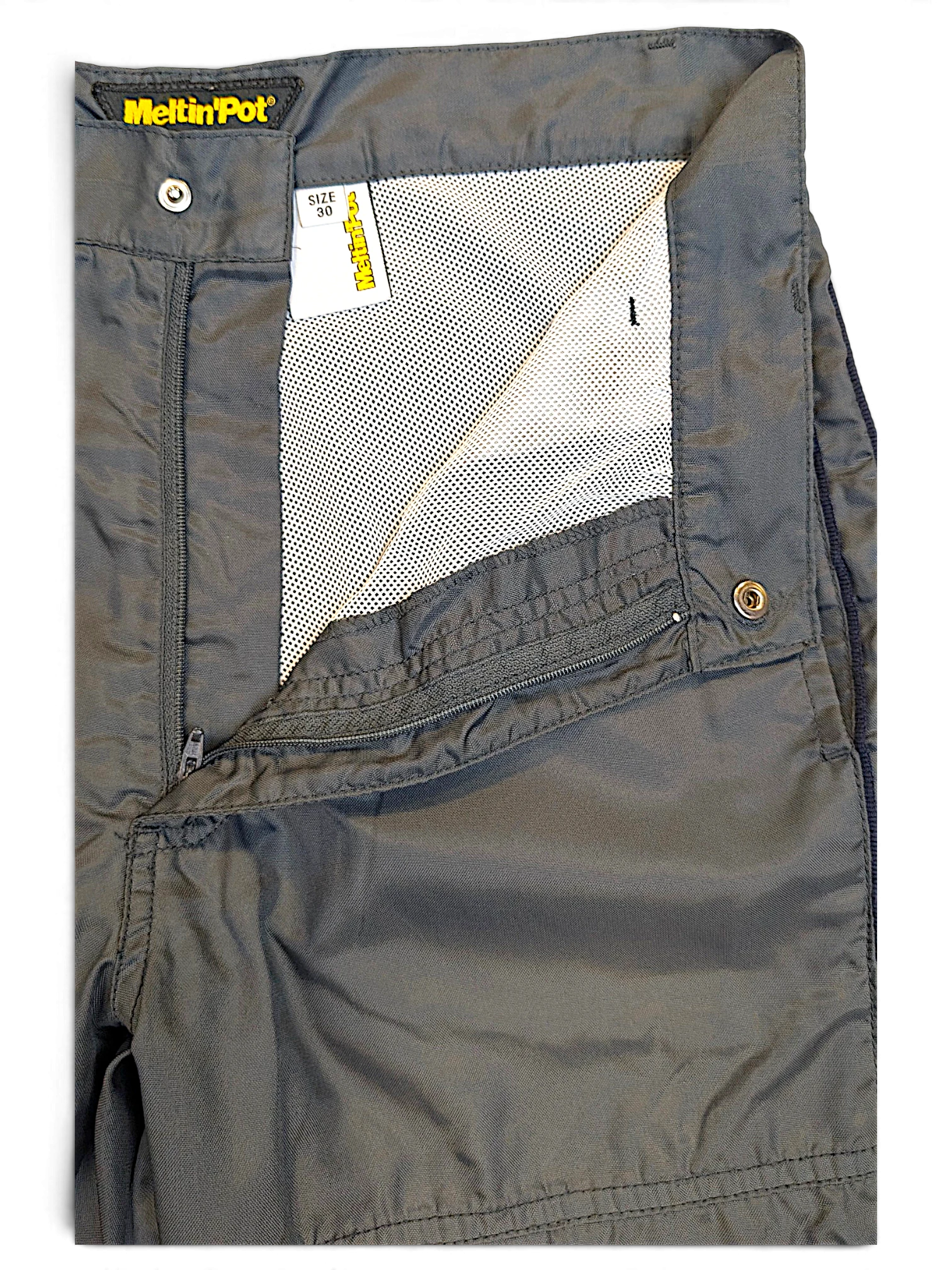 JAKE & IPI Meltin'Pot dark khaki windbreaker pants with mesh lining, zip fly, and snap button closure.