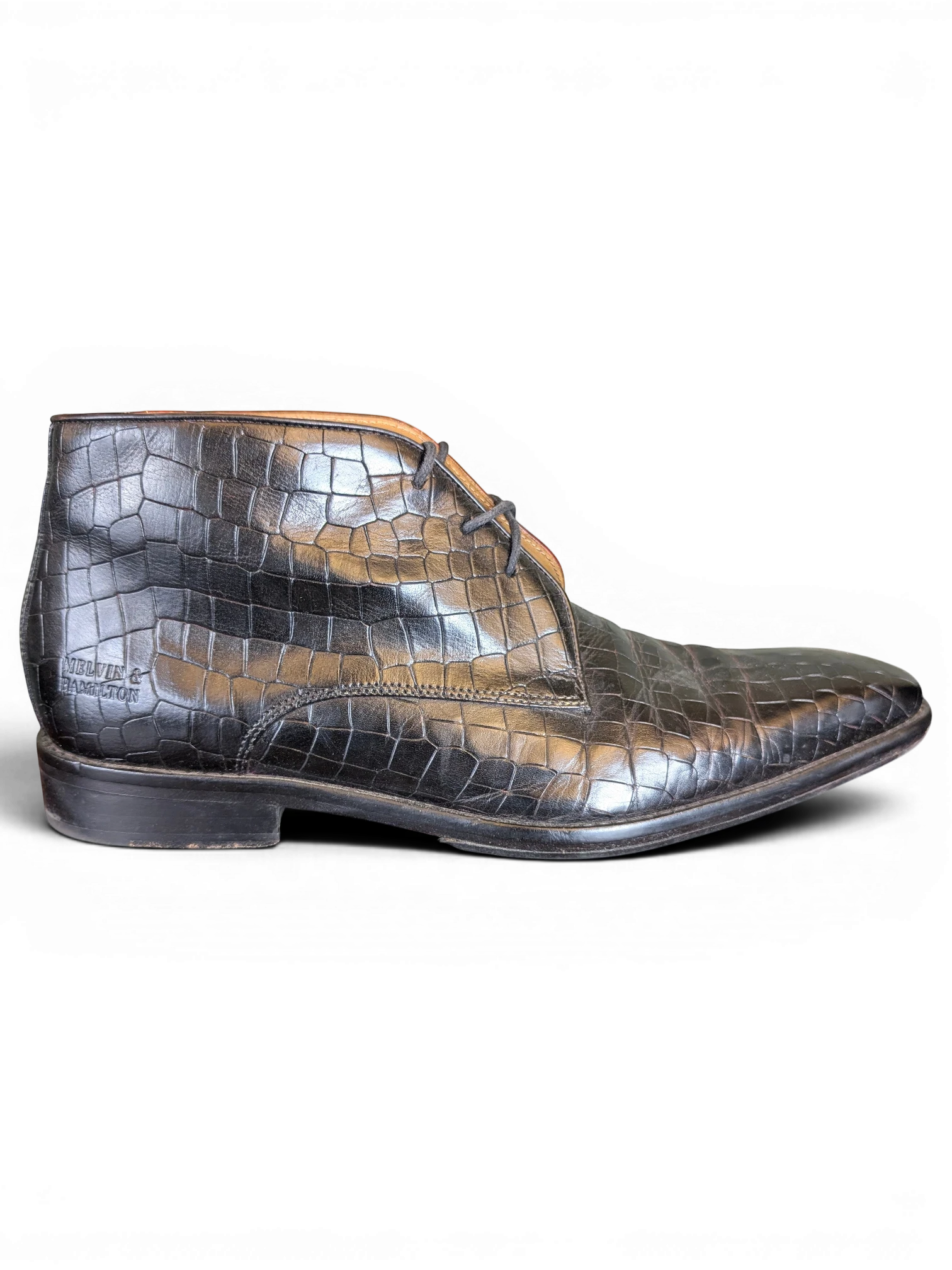 JAKE & IPI Melvin & Hamilton dark ankle boots in crocodile-embossed leather with a sharp silhouette and lace-up design.