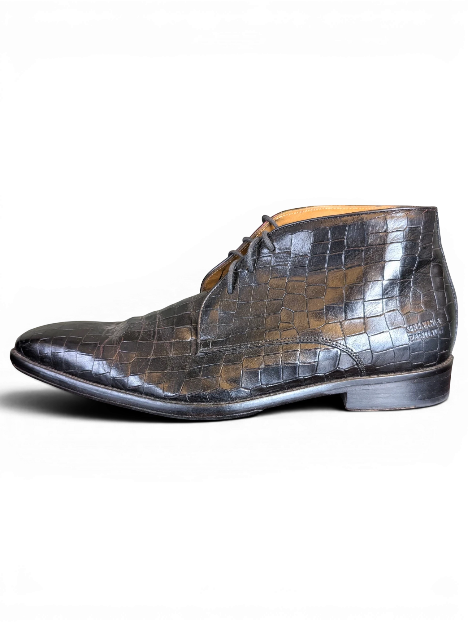 JAKE & IPI Melvin & Hamilton dark brown crocodile-embossed leather ankle boots with a sleek, formal silhouette.
