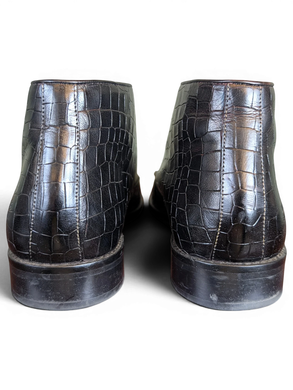 JAKE & IPI Melvin & Hamilton dark brown ankle boots with crocodile-embossed leather and a sleek back view.