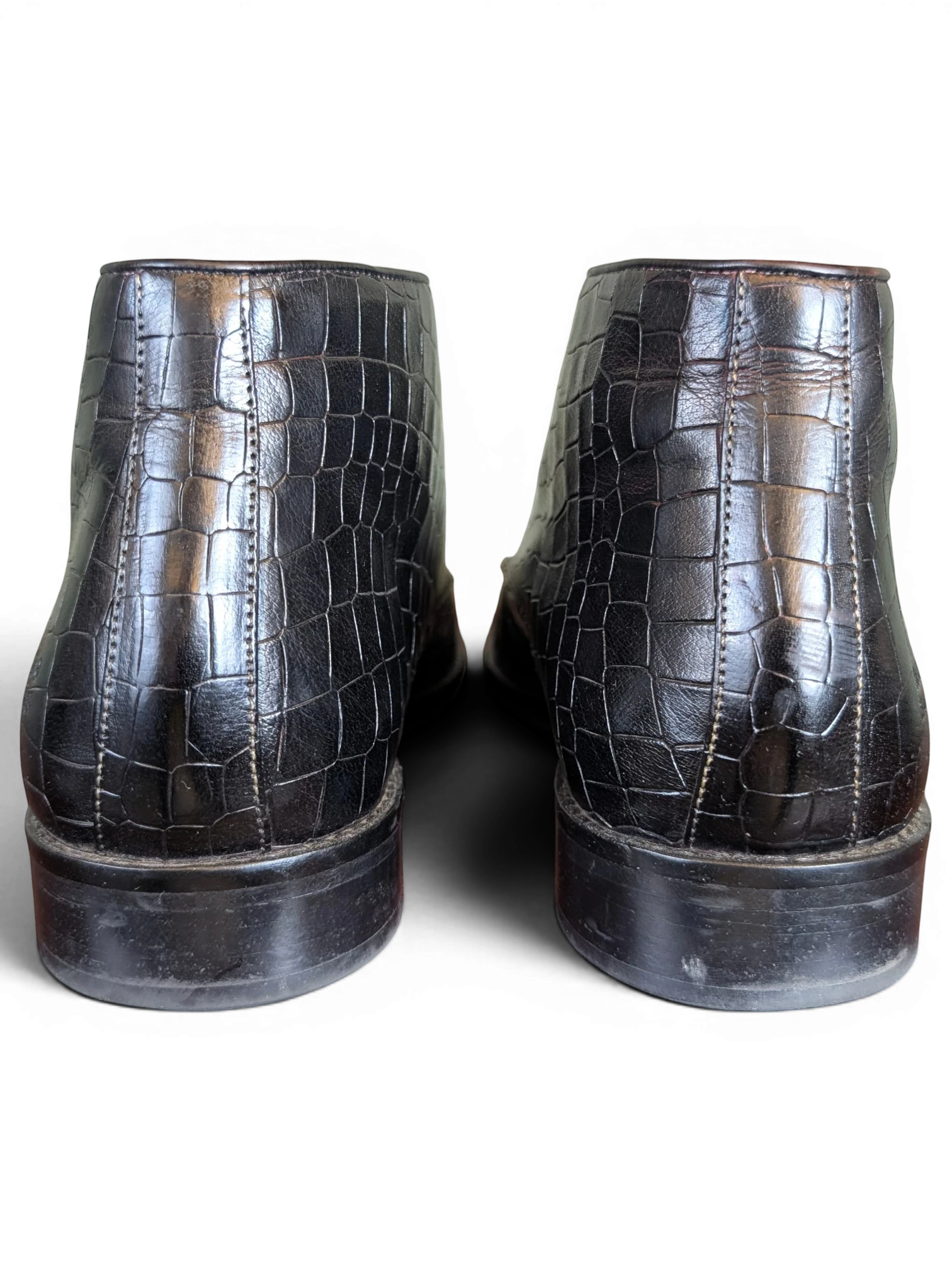 JAKE & IPI Melvin & Hamilton dark brown ankle boots with crocodile-embossed leather and a sleek back view.
