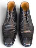 JAKE & IPI Melvin & Hamilton dark brown crocodile-embossed leather ankle boots with lace-up closure.