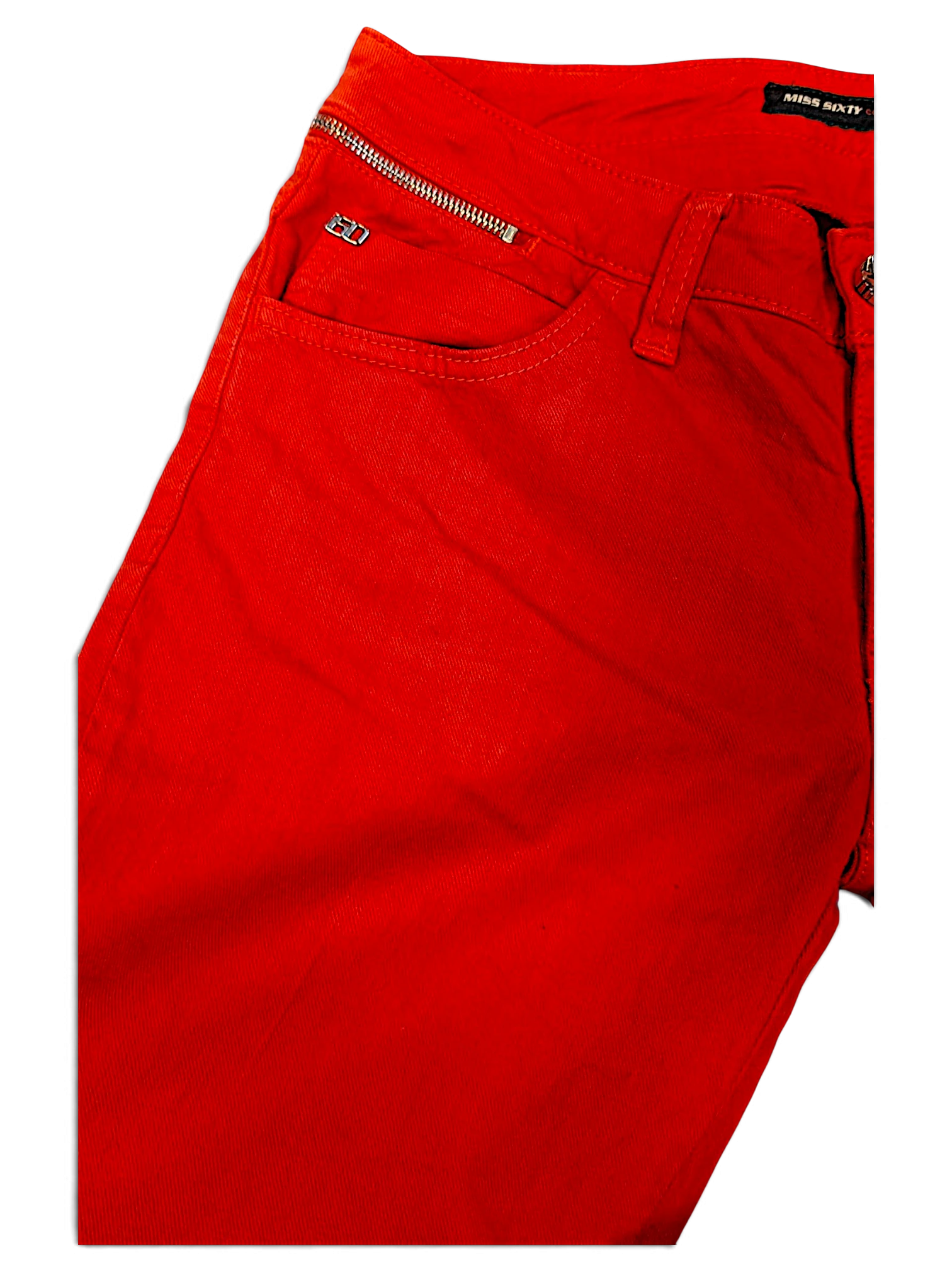JAKE & IPI pre-owned Miss Sixty Skin Deep red denim jeans featuring a silver side zipper detail on the pocket