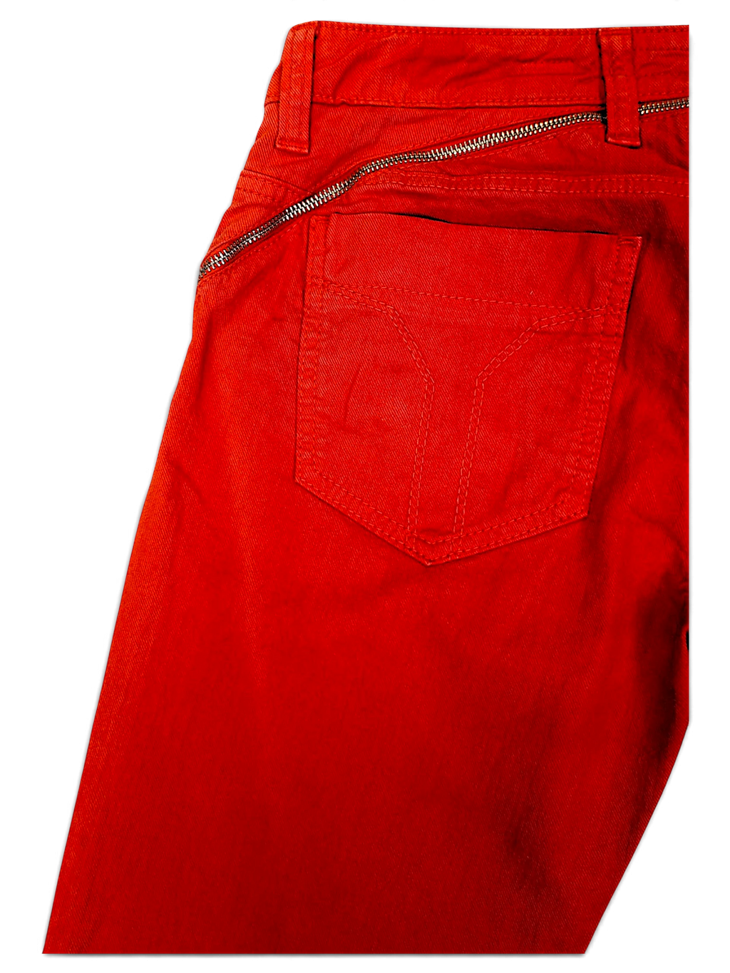 JAKE & IPI pre-owned Miss Sixty Skin Deep red denim jeans featuring a unique diagonal zipper detail on the back pocket