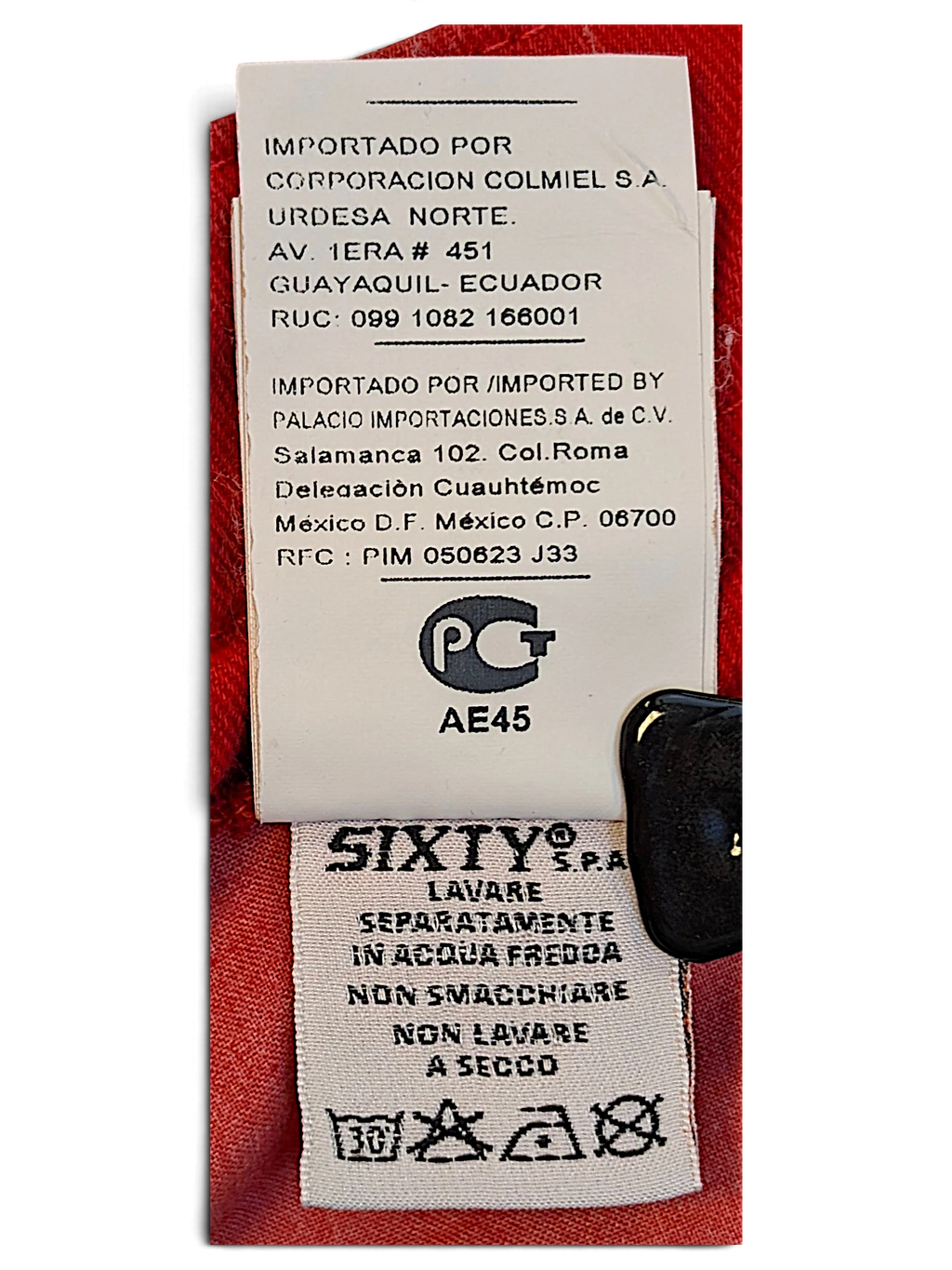 JAKE & IPI Miss Sixty red denim jeans care and import label showing washing instructions and origin details