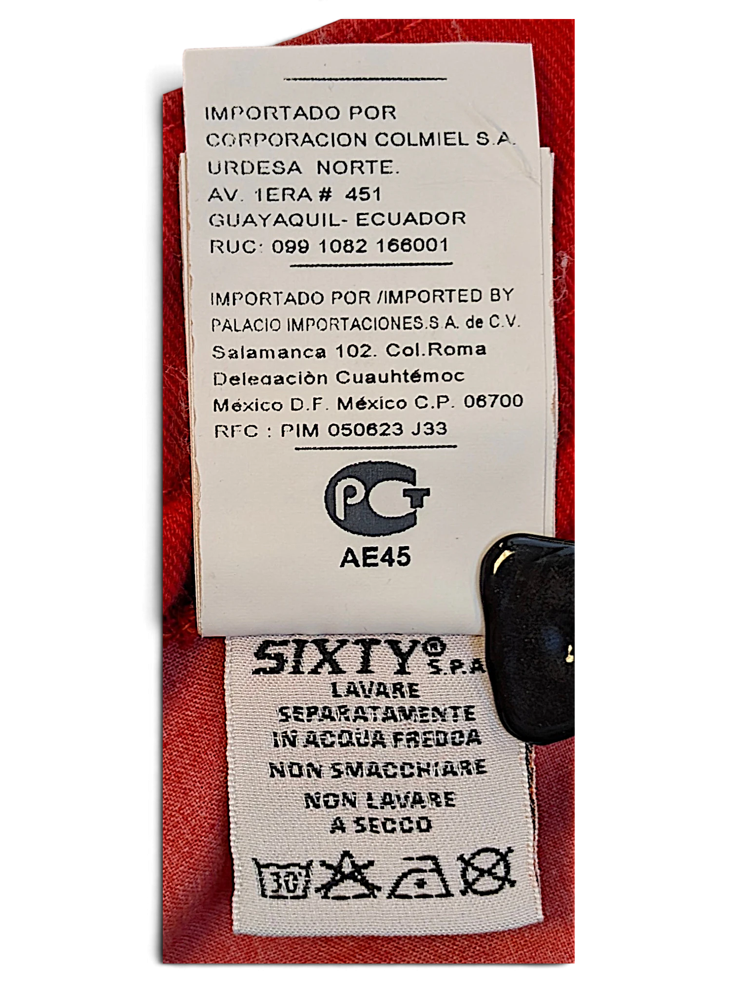 JAKE & IPI Miss Sixty red denim jeans care and import label showing washing instructions and origin details