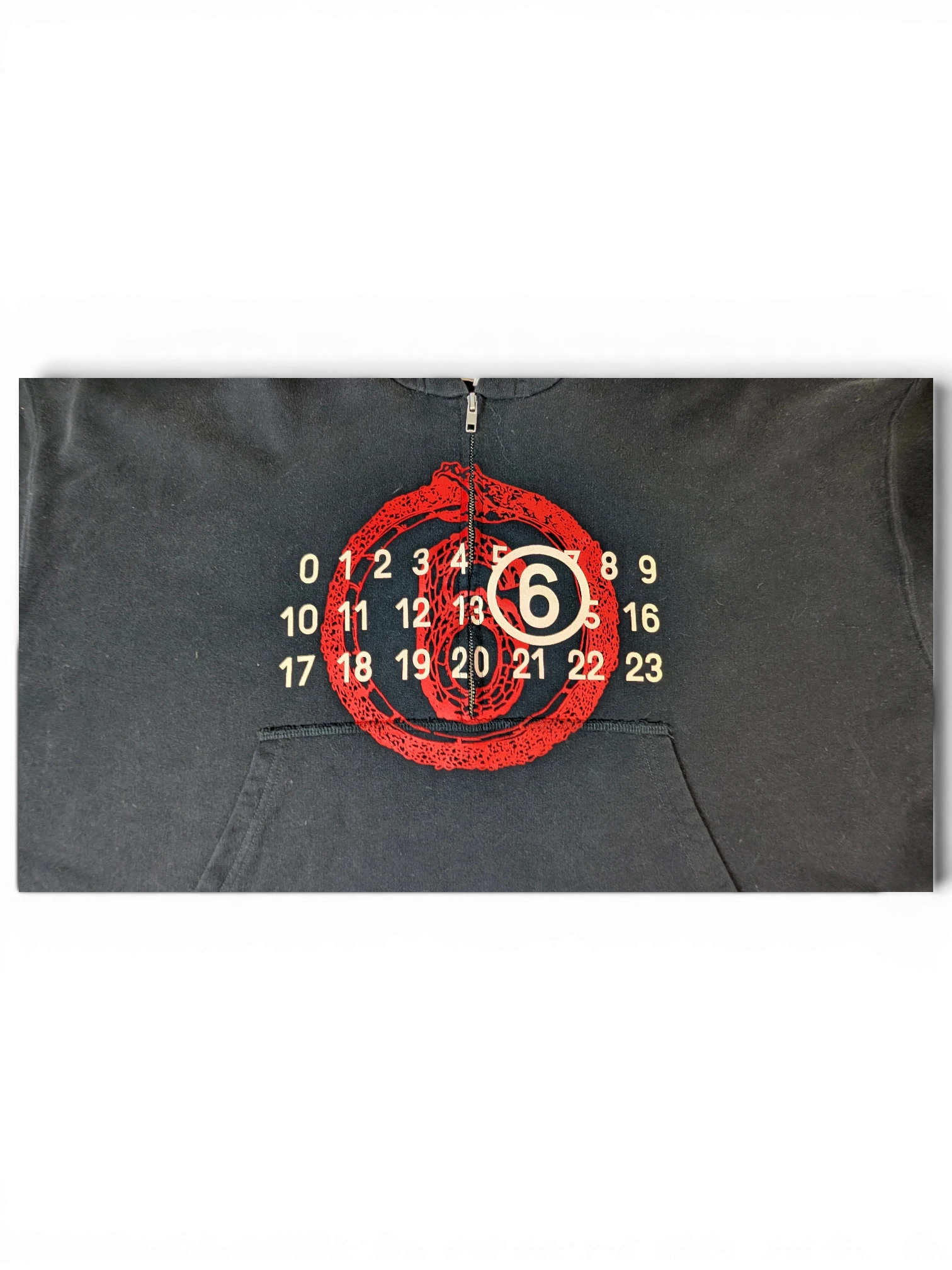 JAKE & IPI MM6 Lunar New Year black zip-up hoodie featuring a red snake graphic and circled number six print